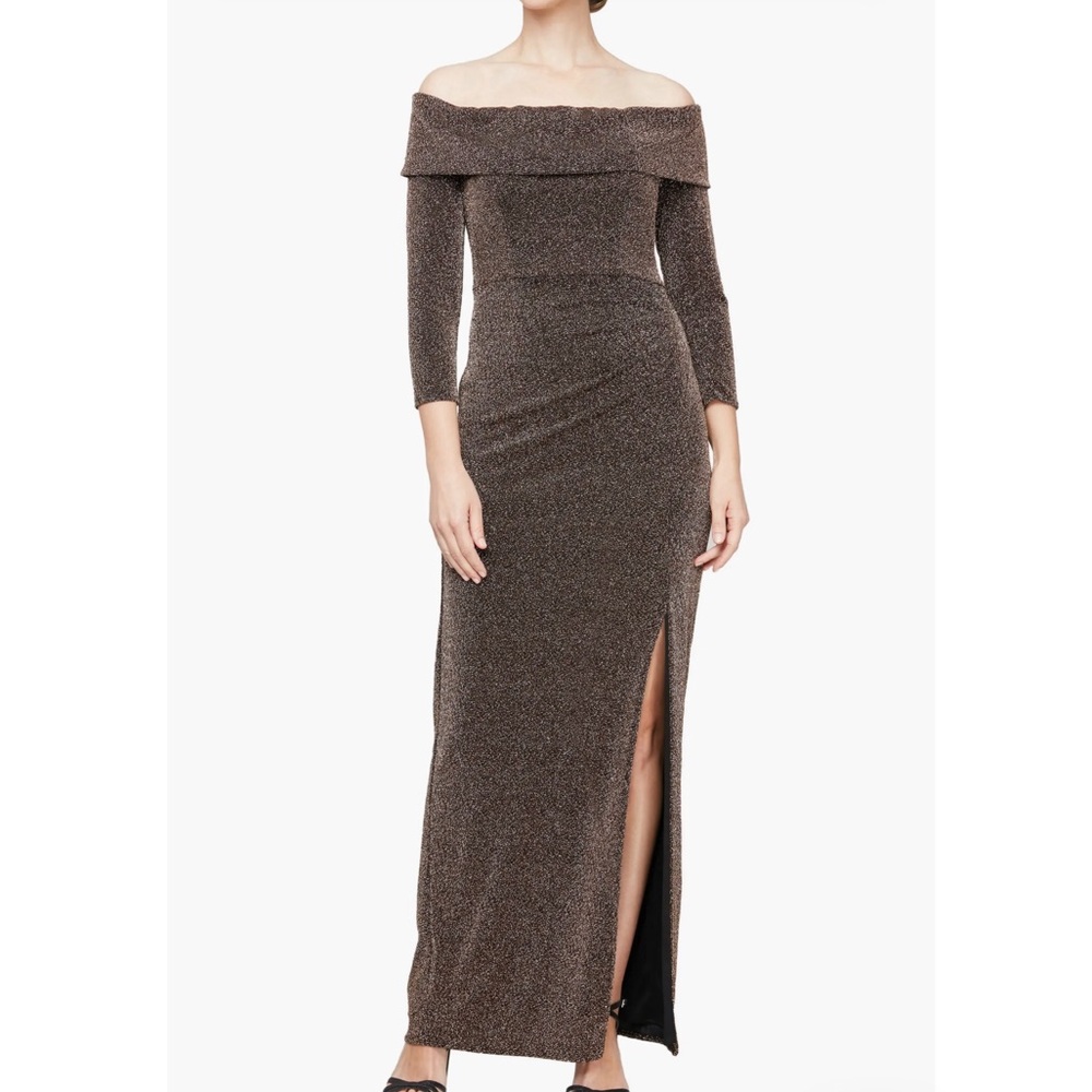 ALEX Evenings Metallic Off the Shoulder Knit Sheath Gown Copper